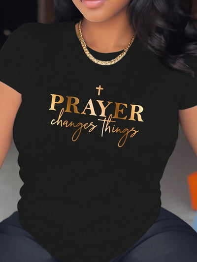 Women's "Prayer Changes Things" Christian T-Shirt - Navy Blue & Golden Lettering, 100% Cotton - Maximus Echo