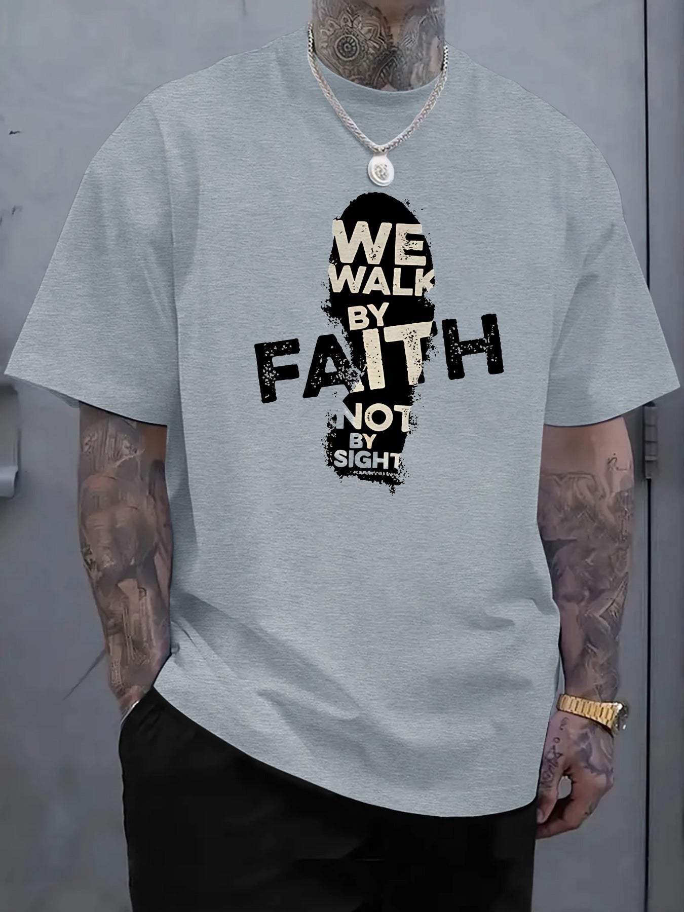 Men's 180g Cotton T-Shirt with "We Walk by Faith Not by Sight"- Casual Round Neck Short Sleeve Tee, Machine Washable, Durable Fabric Shirt - Maximus Echo