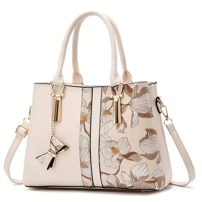 Elegant Floral Print Women's Handbag - Chic Colorblock Handbag with Zip Closure, Durable PU Material - Maximus Echo