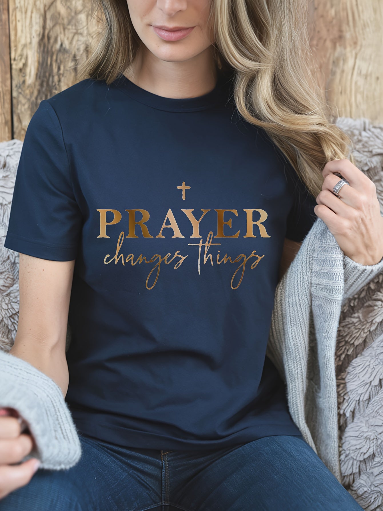 Women's "Prayer Changes Things" Christian T-Shirt - Navy Blue & Golden Lettering, 100% Cotton - Maximus Echo
