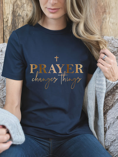 Women's "Prayer Changes Things" Christian T-Shirt - Navy Blue & Golden Lettering, 100% Cotton - Maximus Echo