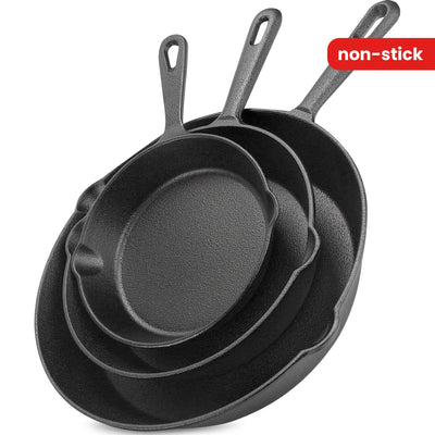 3pcs Non-Stick Cast Iron Skillet Set with Drip Spout - Perfect for Holiday Cooking, RV & Campfire Meals - Maximus Echo