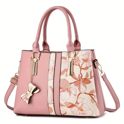 Elegant Floral Print Women's Handbag - Chic Colorblock Handbag with Zip Closure, Durable PU Material - Maximus Echo