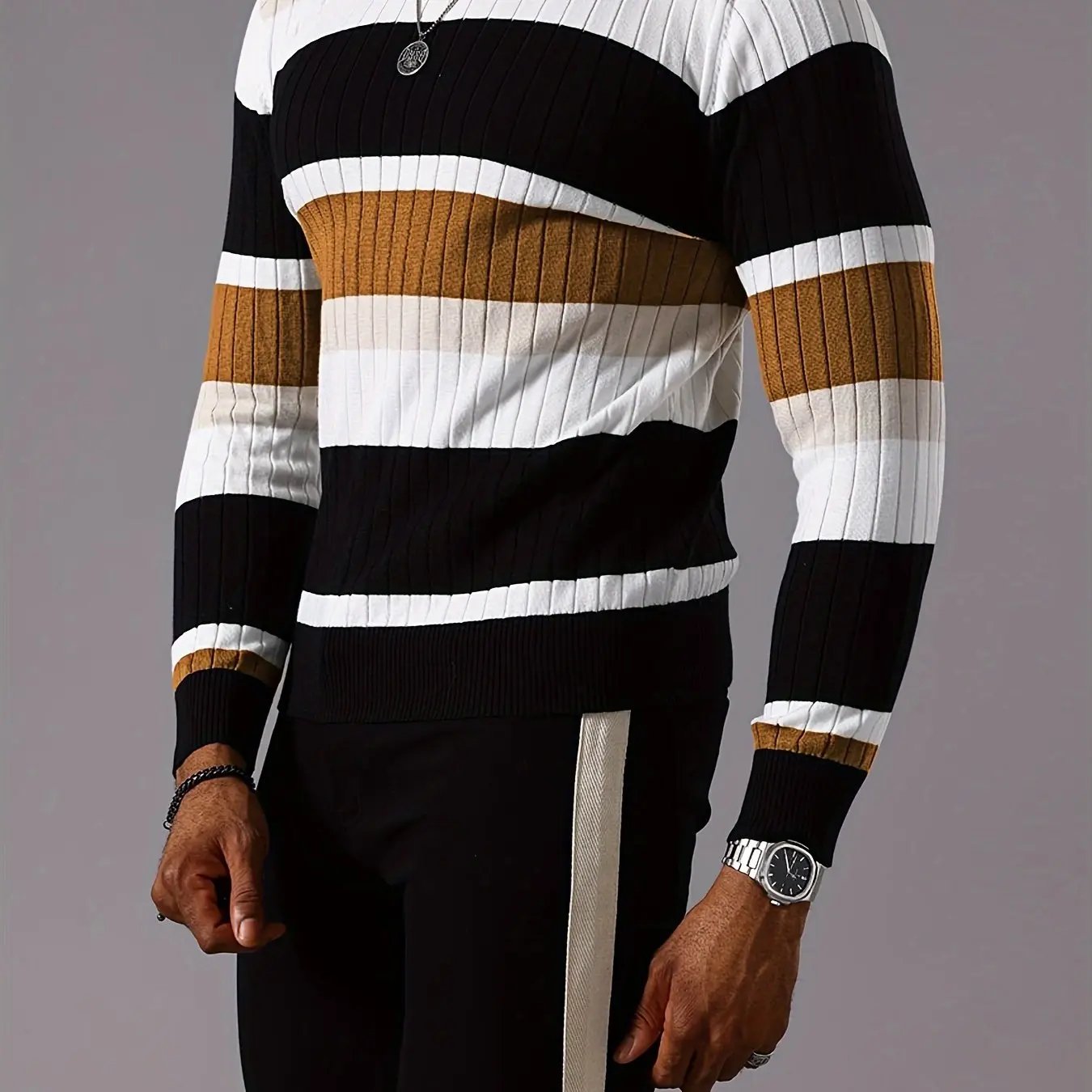 Men's Striped Color-Block Ribbed Knit Sweater - Long Sleeve Round Neck Pullover with Elastic