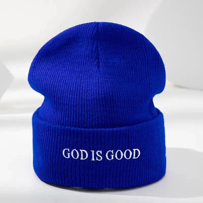 Men's & Women's Black Winter Beanie with 'God is Good' White Cursive Lettering
