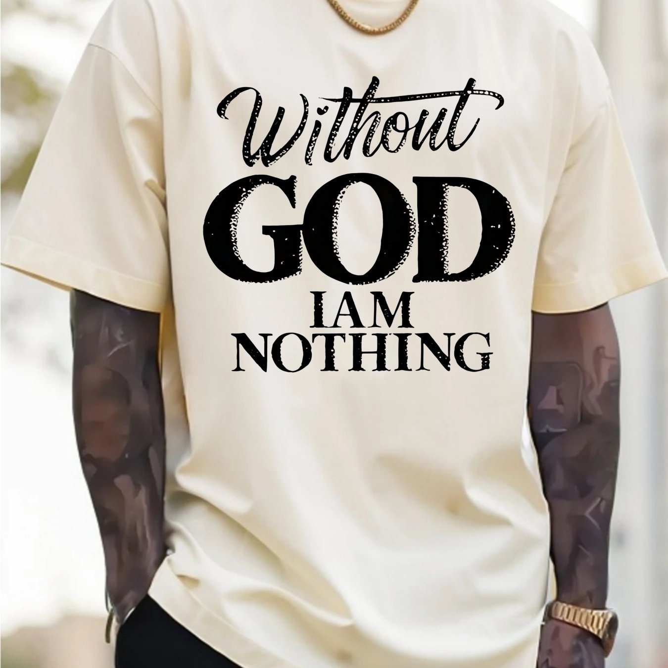 Men's 180g Heavyweight Cotton T-Shirt with "Without GOD I AM NOTHING" Inspirational Print - Navy Blue Casual Round Neck Short Sleeve Tee, Machine Washable - Maximus Echo