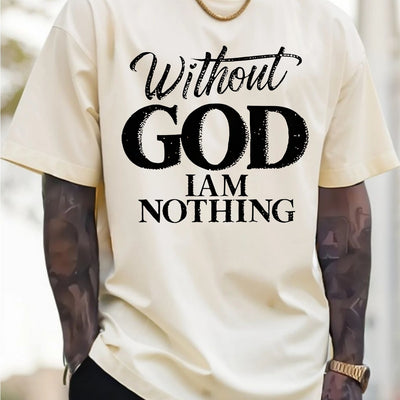 Men's 180g Heavyweight Cotton T-Shirt with "Without GOD I AM NOTHING" Inspirational Print - Navy Blue Casual Round Neck Short Sleeve Tee, Machine Washable - Maximus Echo