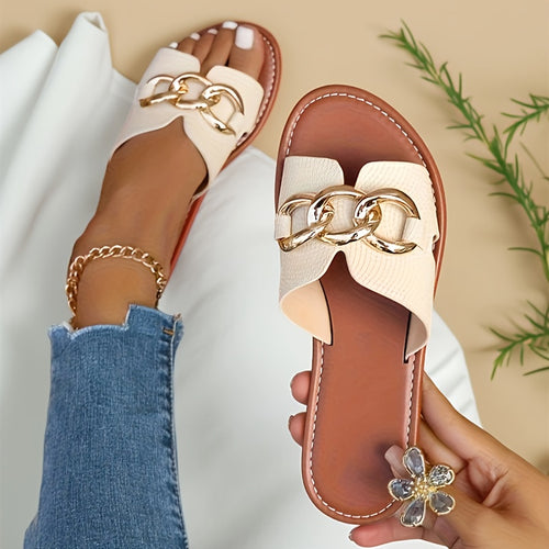 2025 Summer Women's Elegant Flat Casual Beach Sandals - Open-Toe White Adjustable Back Strap - Maximus Echo