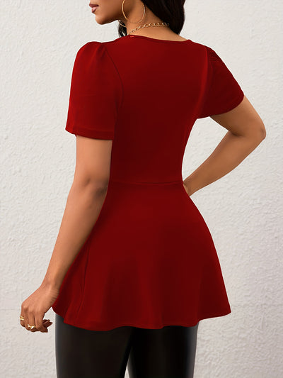 Women'S Elegant Solid Color V-Neck Twist-Front Loose Hem Stretchy Comfortable Basic T-Shirt Top - Maximus Echo