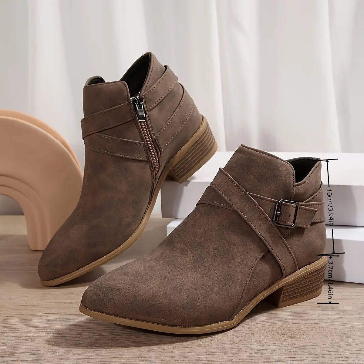 Women's Ankle Boots with Adjustable Buckle Straps & Side Zipper Closure