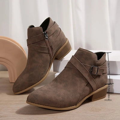Women's Ankle Boots with Adjustable Buckle Straps & Side Zipper Closure