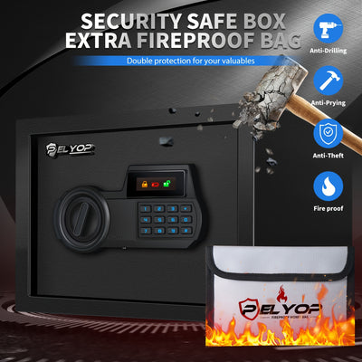 Safe Box, Security Safe Box, Safety Box With Fireproof Document Bag, Backlit Keypad, Display Screen, LED Light, Mute Function, Key Lock, Fireproof Safe For Home Documents Hotel Office, Size 7.87"H X 12.20"W X 7.87"D - Maximus Echo