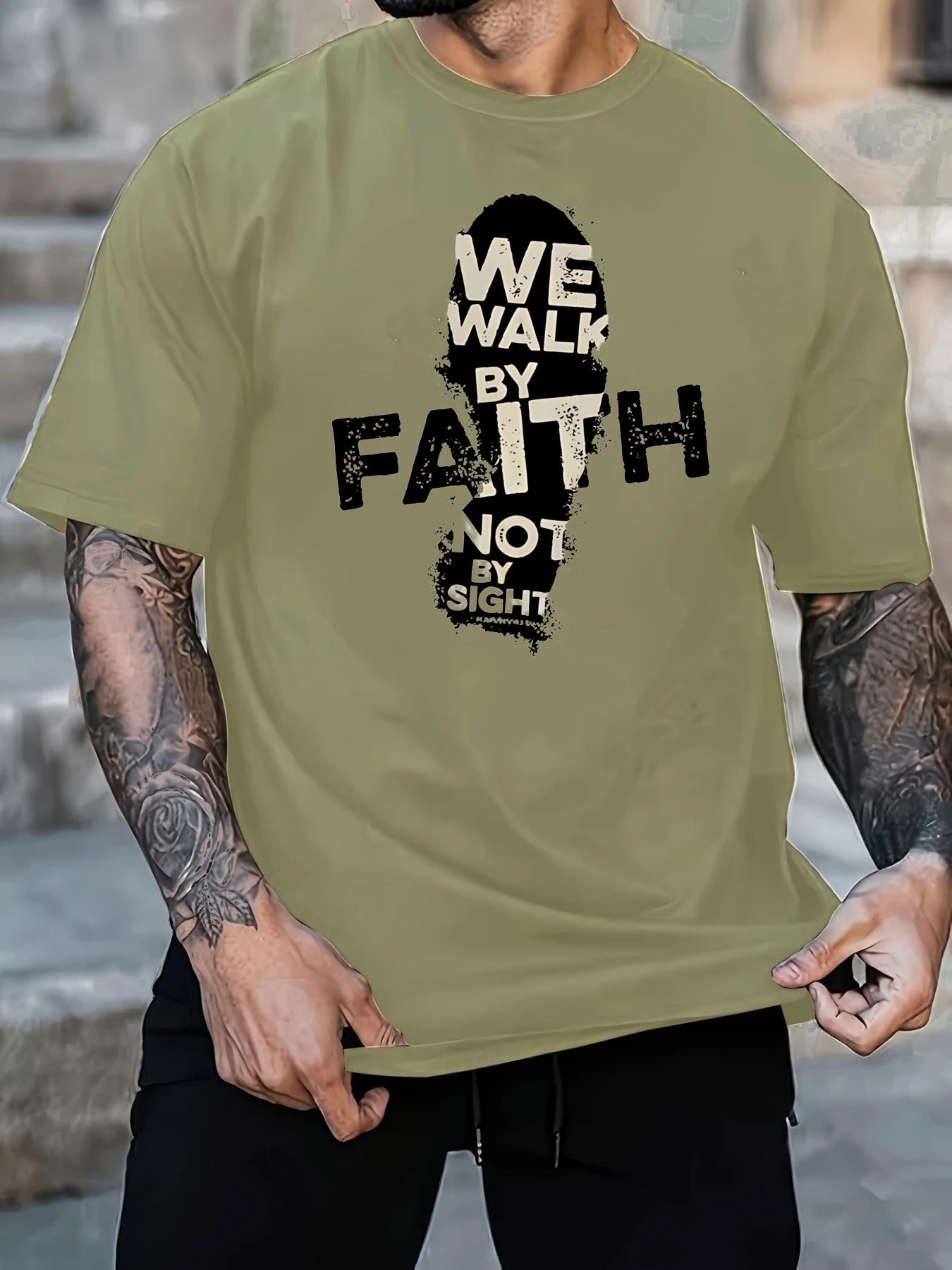 Men's 180g Cotton T-Shirt with "We Walk by Faith Not by Sight"- Casual Round Neck Short Sleeve Tee, Machine Washable, Durable Fabric Shirt - Maximus Echo