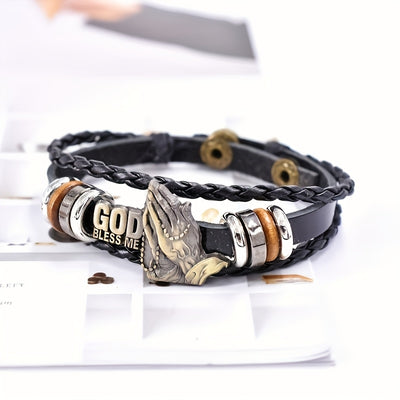 Adjustable Vintage Woven Blessing Fashion Prayer Hand Styling Bracelet | Faux Leather Lettering God Bless | Popular Gift Accessories For Family Friends Holiday Gift - Maximus Echo