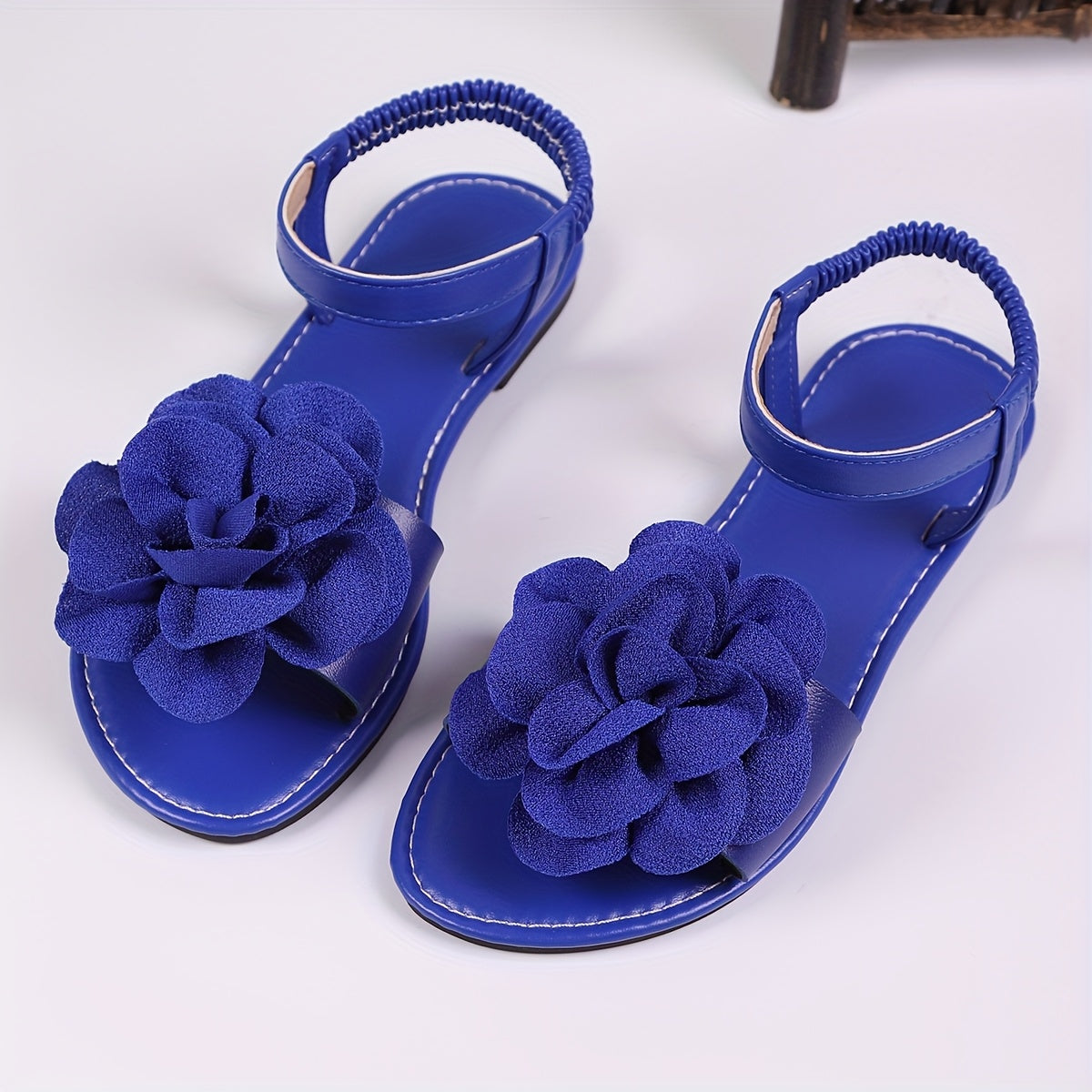 Women's Summer Elegant Flat Sandals with Large Blue Floral Design, Adjustable Ankle Strap - Open-Toe Breathable Faux Cover for Casual & Dressy Occasions, Dressy Sandals - Maximus Echo