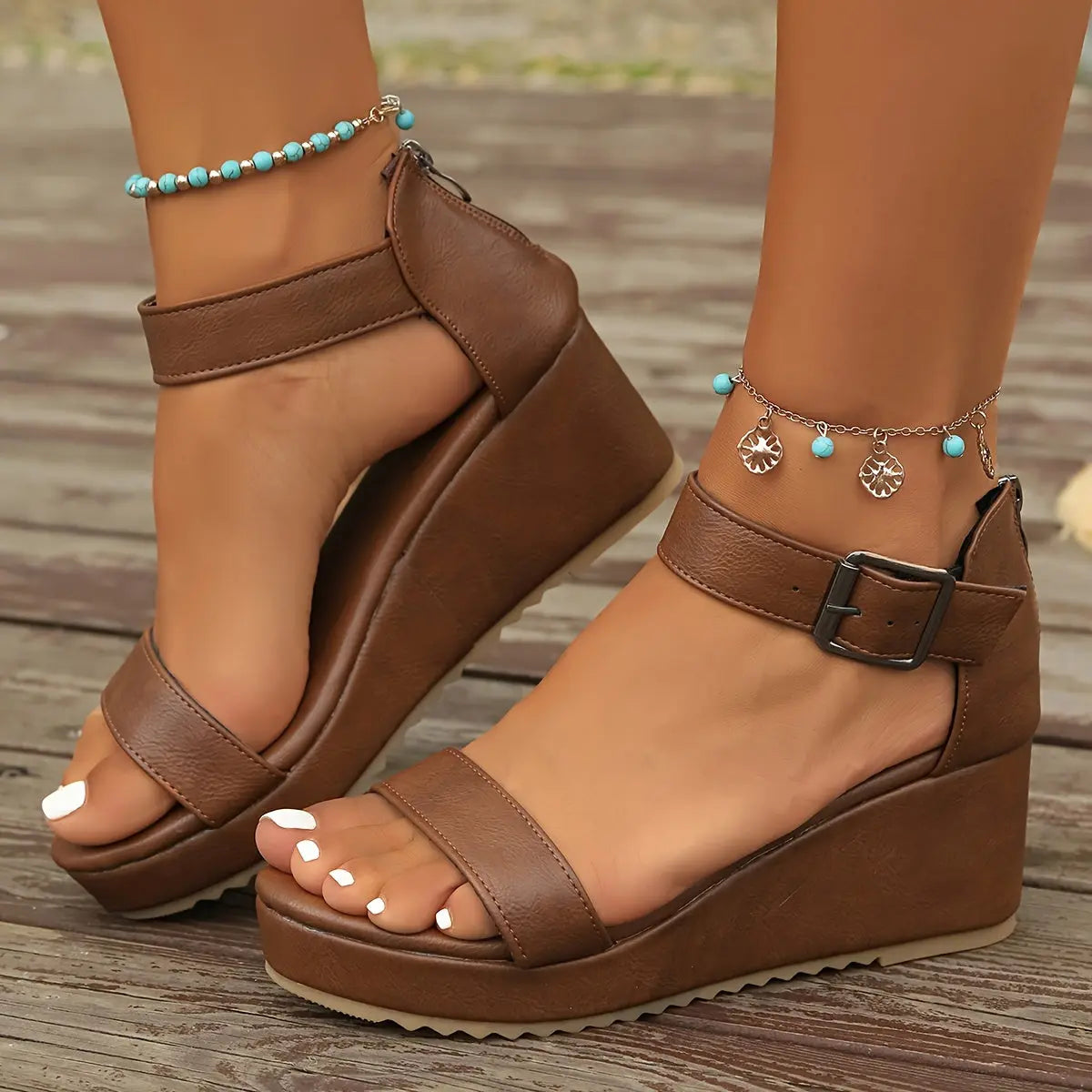 Women's Solid Color Minimalist Sandals, Back Zipper Casual Ankle Buckle Platform Shoes, Summer Wedge Beach Shoes - Maximus Echo