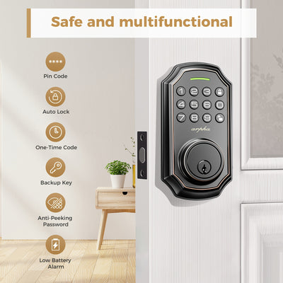 Arpha Smart Keyless Entry Door Lock - 100 Code Anti-Peek Combination, Auto Lock/Unlock, Easy Installation, Black & Orange, Low Battery Alarm, for Secure Home Access - Maximus Echo