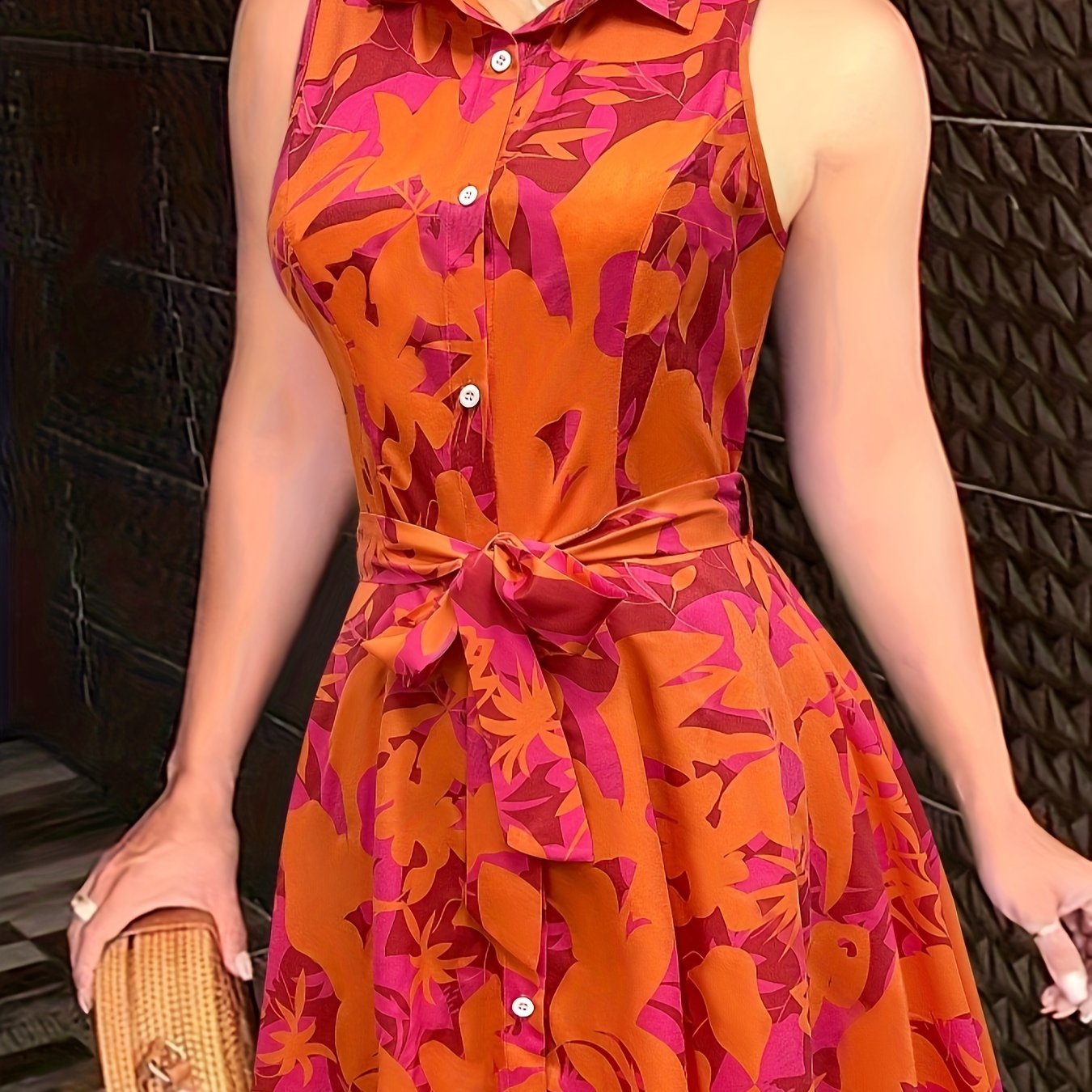 Sexy Pendulum Abstract Print Dress - Sleeveless, Lapel Collar, Tie-Waist, Belted, Semi-Sheer, Machine Washable, Perfect for Summer - Maximus Echo