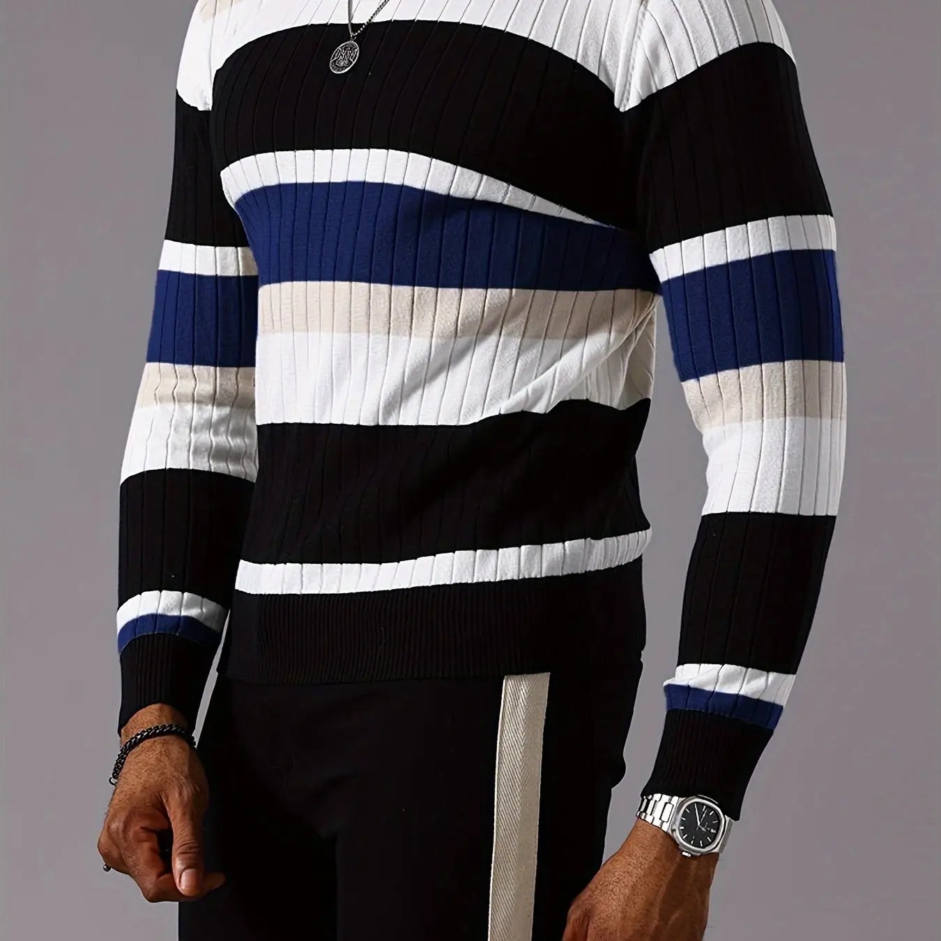 Men's Striped Color-Block Ribbed Knit Sweater - Long Sleeve Round Neck Pullover with Elastic