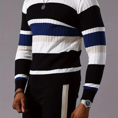 Men's Striped Color-Block Ribbed Knit Sweater - Long Sleeve Round Neck Pullover with Elastic