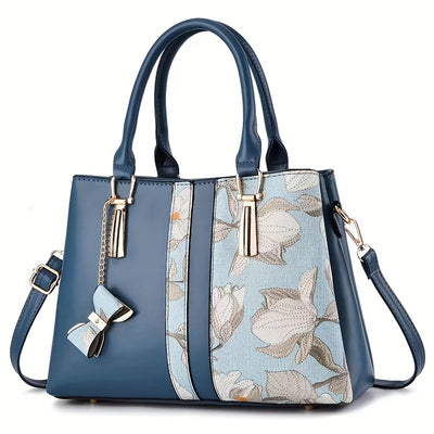 Elegant Floral Print Women's Handbag - Chic Colorblock Handbag with Zip Closure, Durable PU Material - Maximus Echo